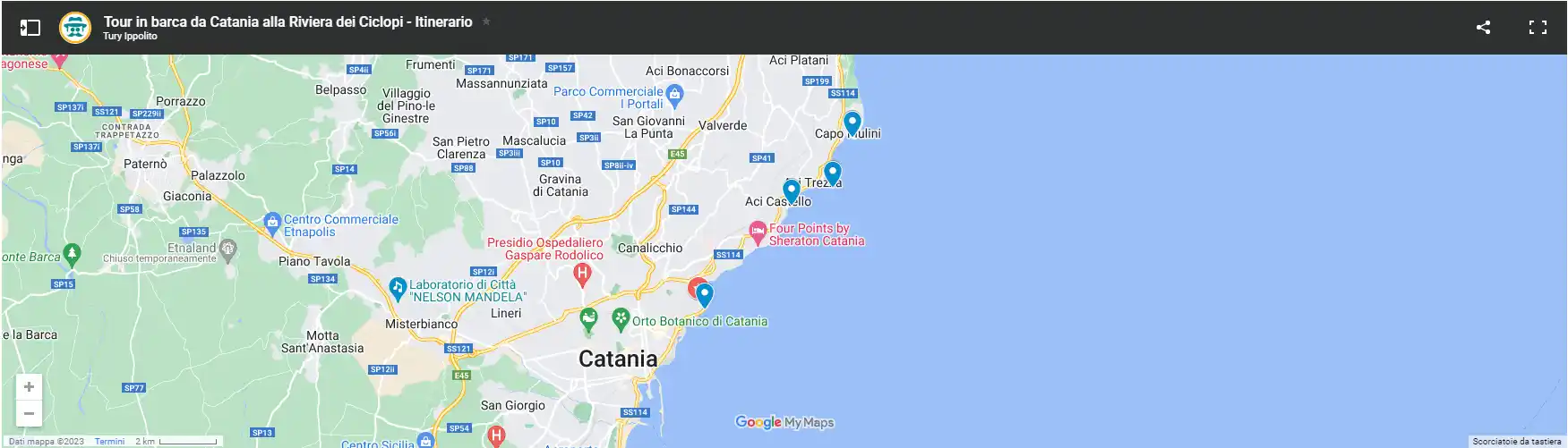 mappa itinerario giro in barca da Catania